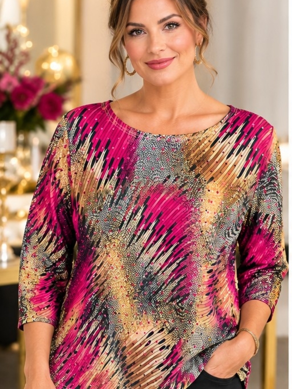 Rebecca Malone Fuchsia and Gold Printed Scoop Neck Blouse